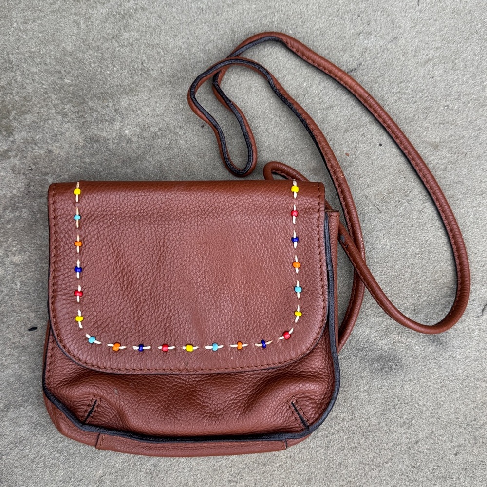 FOSSIL MINI BROWN LEATHER BEADED CROSSBODY BAG